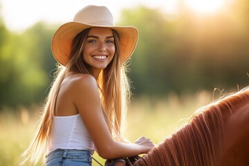 Smiling woman in a sun hat riding a horse in a sunny rural setting embodying a sense of freedom happiness and connection to nature