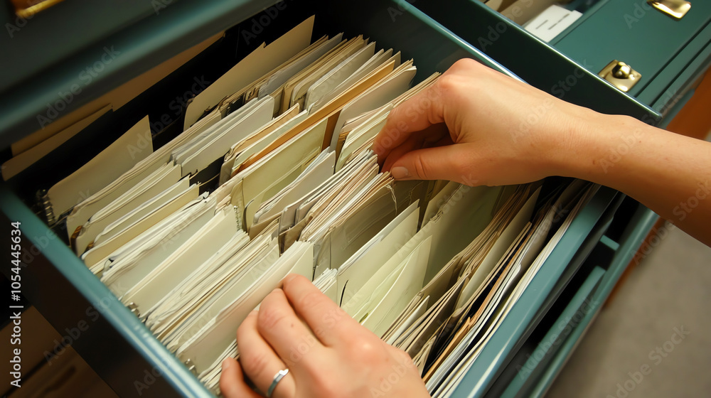 Person organizing folders in a filing cabinet, managing insurance ...