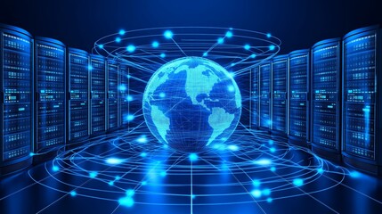 Fototapete - data center network with glowing blue servers encircling a virtual globe, representing global connectivity and advanced technology infrastructure, Generative AI