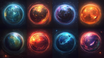 Wall Mural - Colorful Abstract Planet Collection in Cosmic Digital Art, Featuring Mystical and Sci-Fi Inspired Celestial Bodies, Generative AI