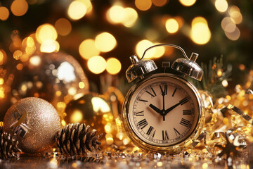 Clock and Christmas decorations on table, cozy festive setup with warm ambiance.