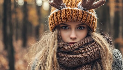 Wall Mural - Cozy young lady in a reindeer hat and scarf, enjoying a winter day in the woods.