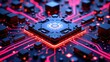 © Xavi - Close up of illuminated microchip with blue core and red circuitry