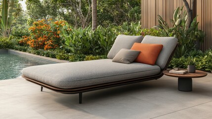 A modern chaise lounge with cushions and a side table on a patio next to a pool.