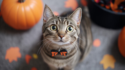 A cat sitting amidst Halloween decorations, including pumpkins, spider webs, and candles, creating a festive, spooky atmosphere with a playful, seasonal vibe.