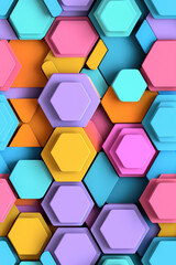 Vertical Close-up of three dimensional abstract colorful hexagon pattern.