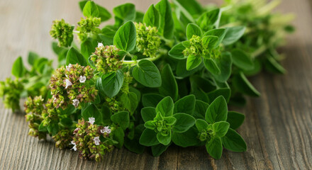 Wall Mural - Fresh oregano herb with green leaves and flowers on wooden table background