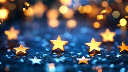 Golden stars scattered on a blue glittery surface with blurry golden lights in the background