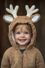 Wall Mural - Gleeful child dressed in a reindeer costume, ready for holiday festivities and family photos.