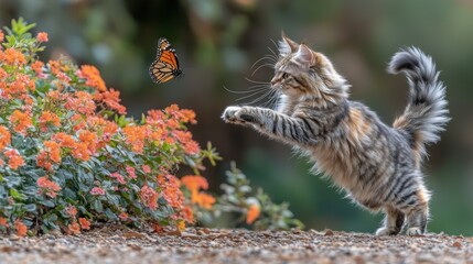 A playful kitten leaps up to try and catch a butterfly fluttering near a bed of orange flowers.