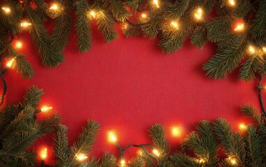 Christmas red background with golden lights and green pine branches framing Christmas tree, New Year's decoration on a tablecloth texture Generative AI