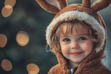 Wall Mural - Joyful young child dressed in a festive reindeer outfit, celebrating the warmth of the holiday season.