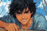 A cheerful young pirate smiles invitingly while relaxed on the ships railing under a bright blue sky