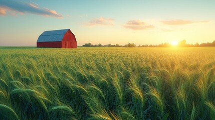 Wall Mural - A red barn stands in a field of green wheat at sunset.