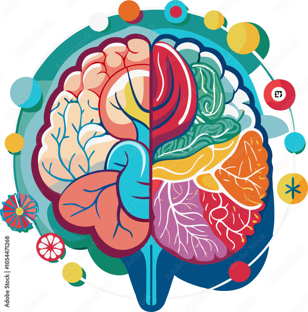 Colorful illustration of a human brain, showcasing the different ...