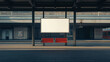 © Bonsales - Empty advertising billboard mockup on a railway station platform with two red benches, early morning