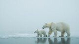 Mother polar bear and her cub walking on a melting ice floe in a foggy arctic seascape, highlighting the impact of climate change