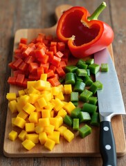 fresh organic chopped red yellow green bell peppers chopping board with knife wooden desk