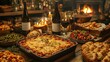© AGUNG - A rustic table spread with a delicious lasagna, bread, wine, and other delectable treats.