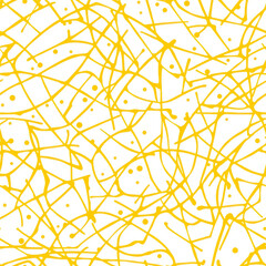 Vertical Geometric spaghetti pattern. Background with yellow paste elements on white.