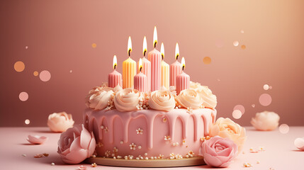 Pink birthday cake with candles and different decorations