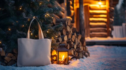 Poster - A serene winter evening showcases a rustic cabin illuminated by a warm lantern, with snow blanketing the ground.
