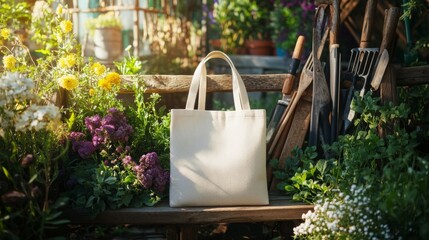 Poster - A tranquil garden corner has a light tote bag on a wooden bench, surrounded by colorful flowers and gardening tools, with sunlight filtering through the leaves.