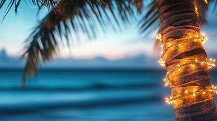 palm tree wrapped in lights at dusk, ocean backdrop