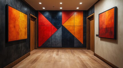 A modern hallway with a geometric wall design and wooden floors.