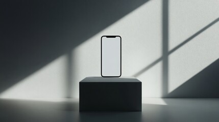 Leinwandbilder - A sleek smartphone stands upright on a minimalist pedestal, illuminated by soft light filtering through large windows, casting gentle shadows on the surroundings in a contemporary space.