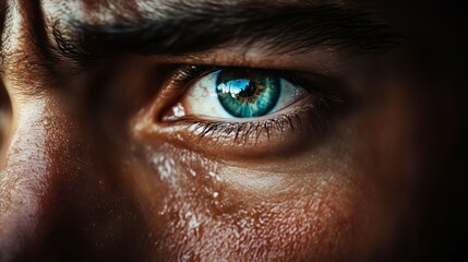 Wall Mural - A close up of a man's blue eye with tears on his face