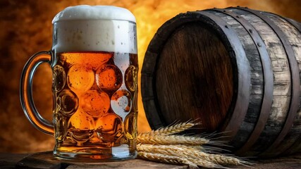 Wall Mural - Glass with fresh cold beer, old wooden barrel and golden wheat on blurred background. Oktoberfest, St Patrick Day. Craft brewery concept