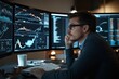 © menon - Investment banker analyzing graphs, data charts on multiple monitors