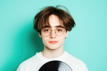 Young man with round glasses holding a vinyl record against a teal background