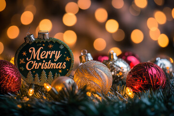 Christmas ornaments with merry lettering hanging on a beautifully decorated tree, against a festive background of twinkling lights and garlands.