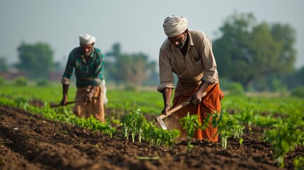 Wall Mural - Farmers in rural India tending to their crops, with traditional tools and a vast expanse of land