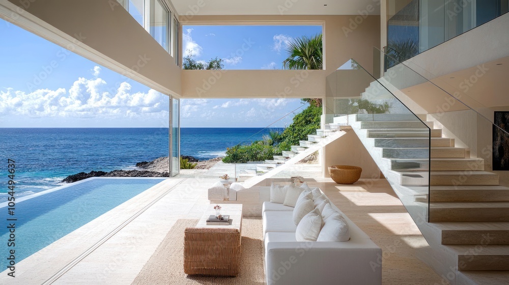 Modern living room with large windows offering panoramic ocean views, a ...