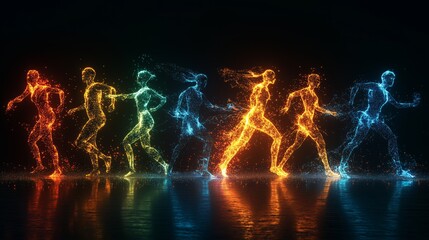Aufkleber - Dynamic Neon Silhouettes of Running Figures in Vibrant Colors Representing Energy, Unity, and Abstract Motion Concept, Generative AI