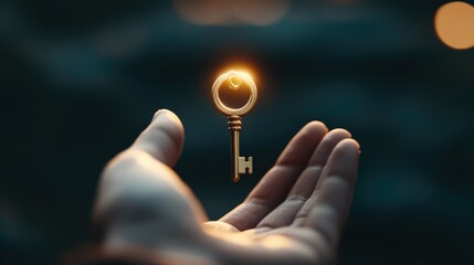 a glowing key held in an open hand, symbolizing hope and opportunity.