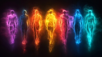 Aufkleber - Colorful Neon Silhouettes of Human Figures in Spectrum Colors Representing Unity in Diversity and Abstract Light Art, Generative AI