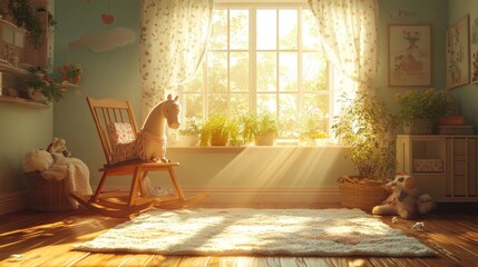 A rocking chair with a toy horse in a sunlit nursery room with a large window.