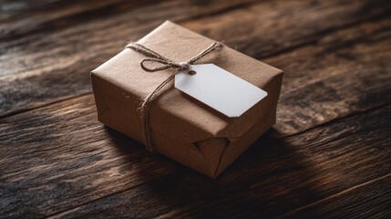 brown christmas gift box with a blank tag on rustic wooden table. high resolution 42mp studio digita