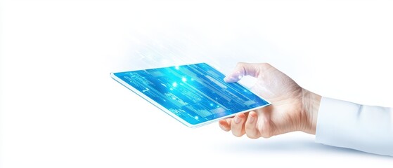 Hand holding a futuristic tablet with digital display against a white background.