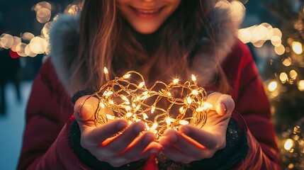 Wall Mural - A woman holding beautiful Christmas lights in a close-up view.