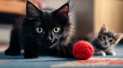 Naklejka na meble A black kitten with bright yellow eyes stares intently at the camera, a red ball of yarn sits in the foreground, while a second kitten looks on in the background.