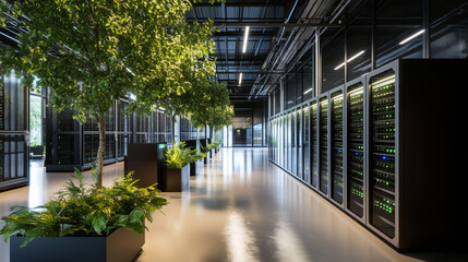 A data center with racks of energy-efficient servers, surrounded by indoor trees and plants, creating a serene and sustainable environment that reflects the future of green technol