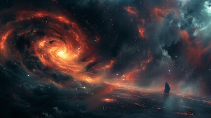 Wall Mural - Cosmic Landscape with Glowing Nebula and Silhouette Figure