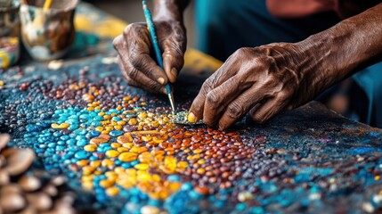 Close-up of an artist's hands painting a mosaic with colorful stones.