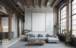 © AhmedAsad - Modern loft interior design with gray couch and large windows  perfect for showcasing your artwork or design projects
