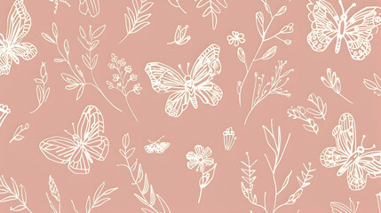 A subtle pink background with dainty white outlines of floral and butterfly motifs, arranged in a light, airy pattern for an effortlessly elegant look